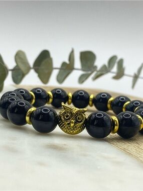 Gold Owl Hematite Bead Stretch Bracelet